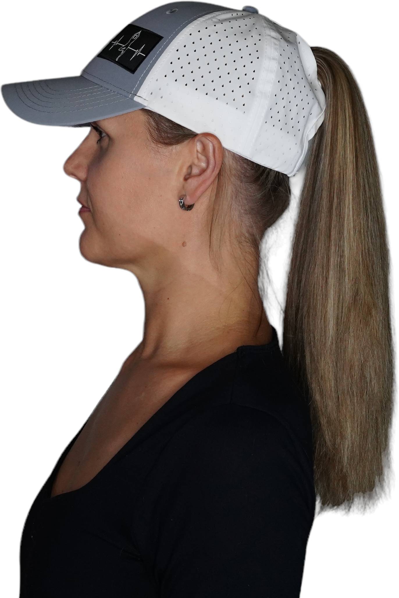 The Heartbeat Brand Yoga Hat - Low Profile - Ponytail - Gray / White - Laser Mesh — lifestyle context