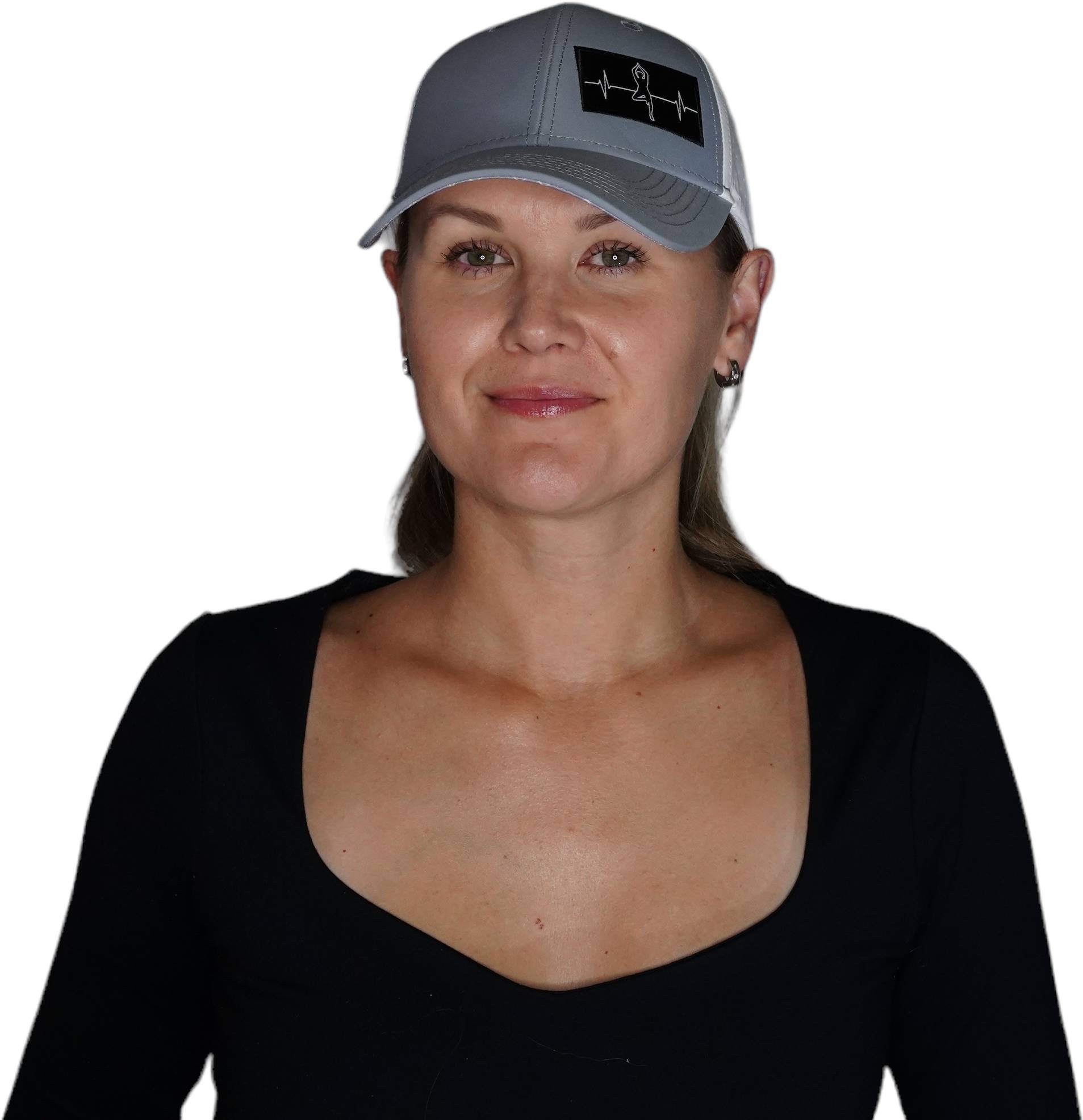 The Heartbeat Brand Yoga Hat - Low Profile - Ponytail - Gray / White - Laser Mesh — detail close-up