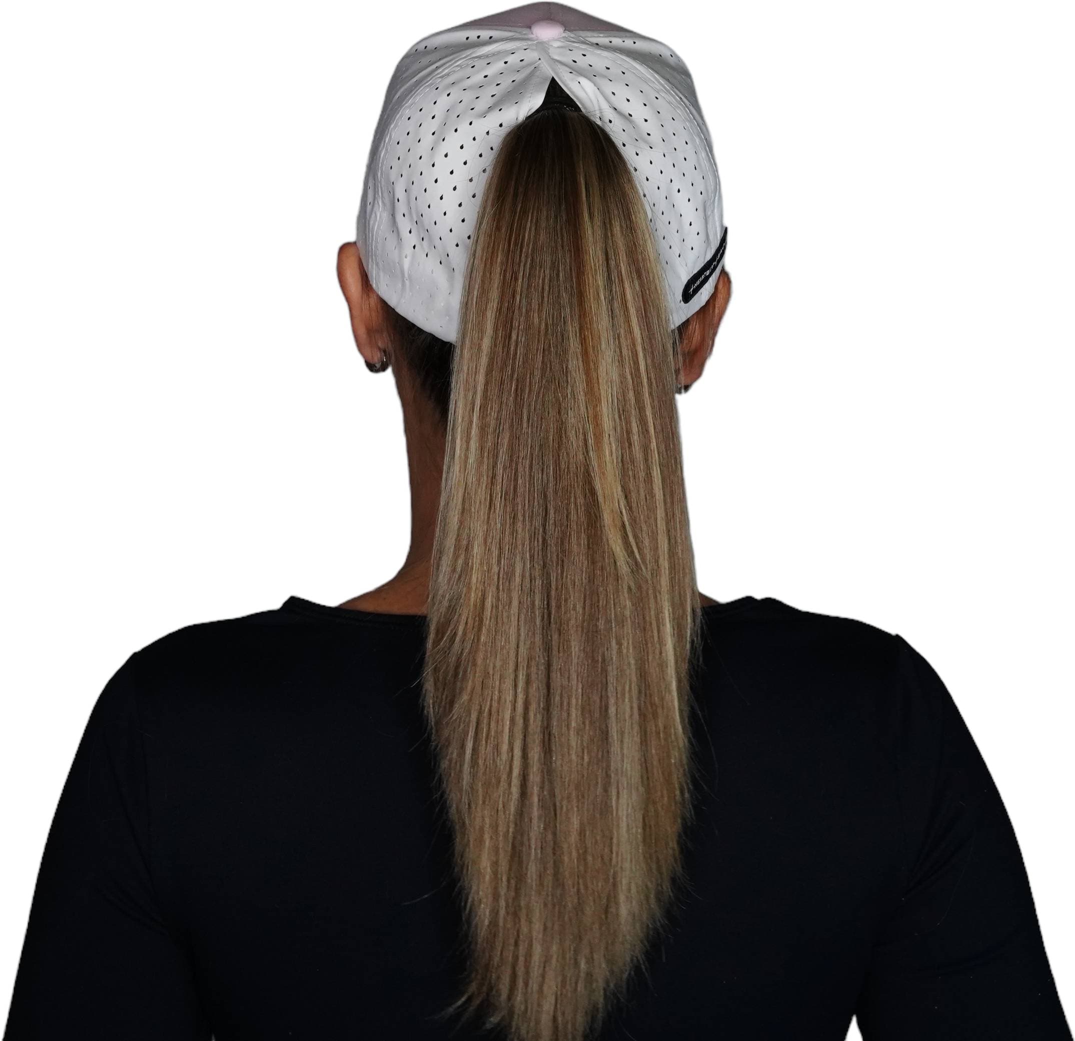 The Heartbeat Brand Yoga Hat - Low Profile - Ponytail - Pink / White - Laser Mesh — side view