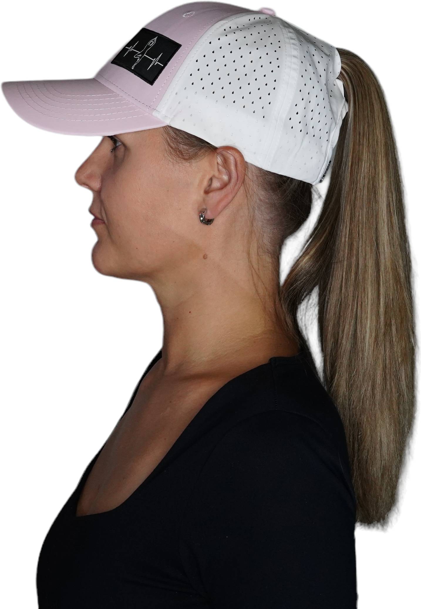 The Heartbeat Brand Yoga Hat - Low Profile - Ponytail - Pink / White - Laser Mesh — lifestyle context