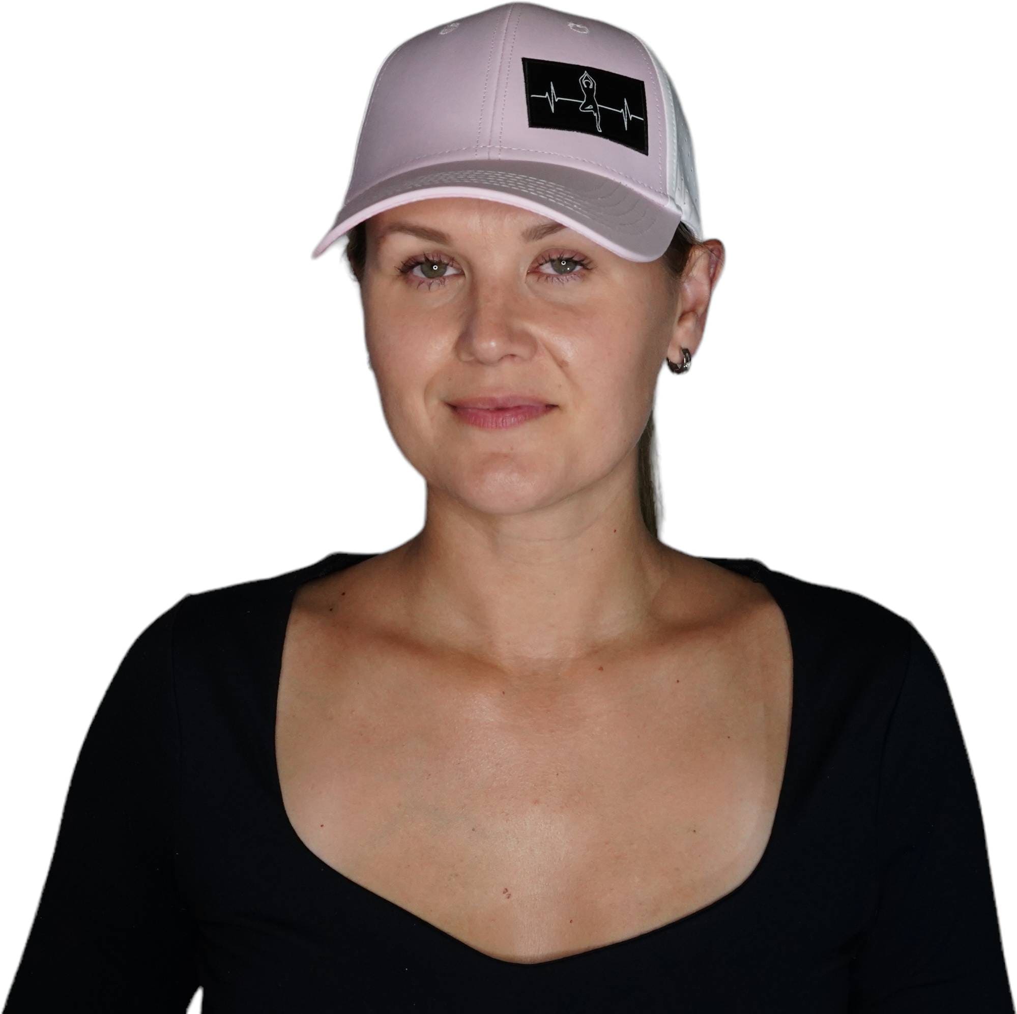 The Heartbeat Brand Yoga Hat - Low Profile - Ponytail - Pink / White - Laser Mesh — detail close-up
