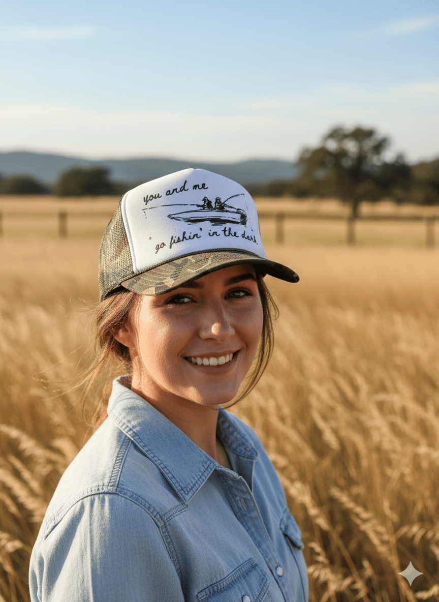 Wild Junkie You And Me Go Fishin In The Dark Trucker Hat — construction detail