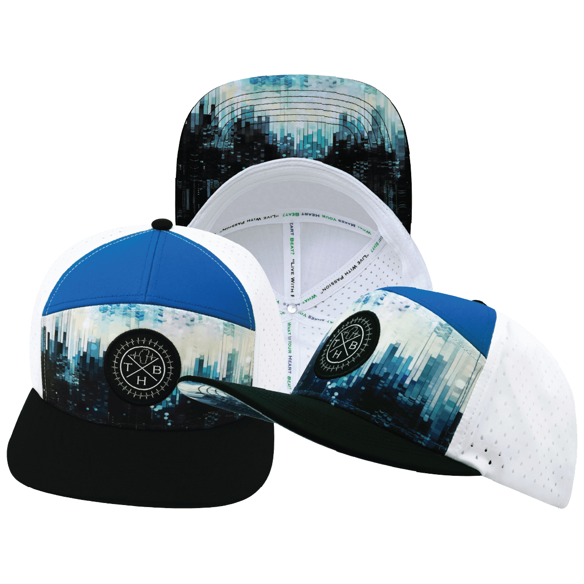 The Heartbeat Brand **YOUTH** Color Vibes Hat - Flat Bill - City Drip - Black / Blue / White - Laser Mesh — main product shot