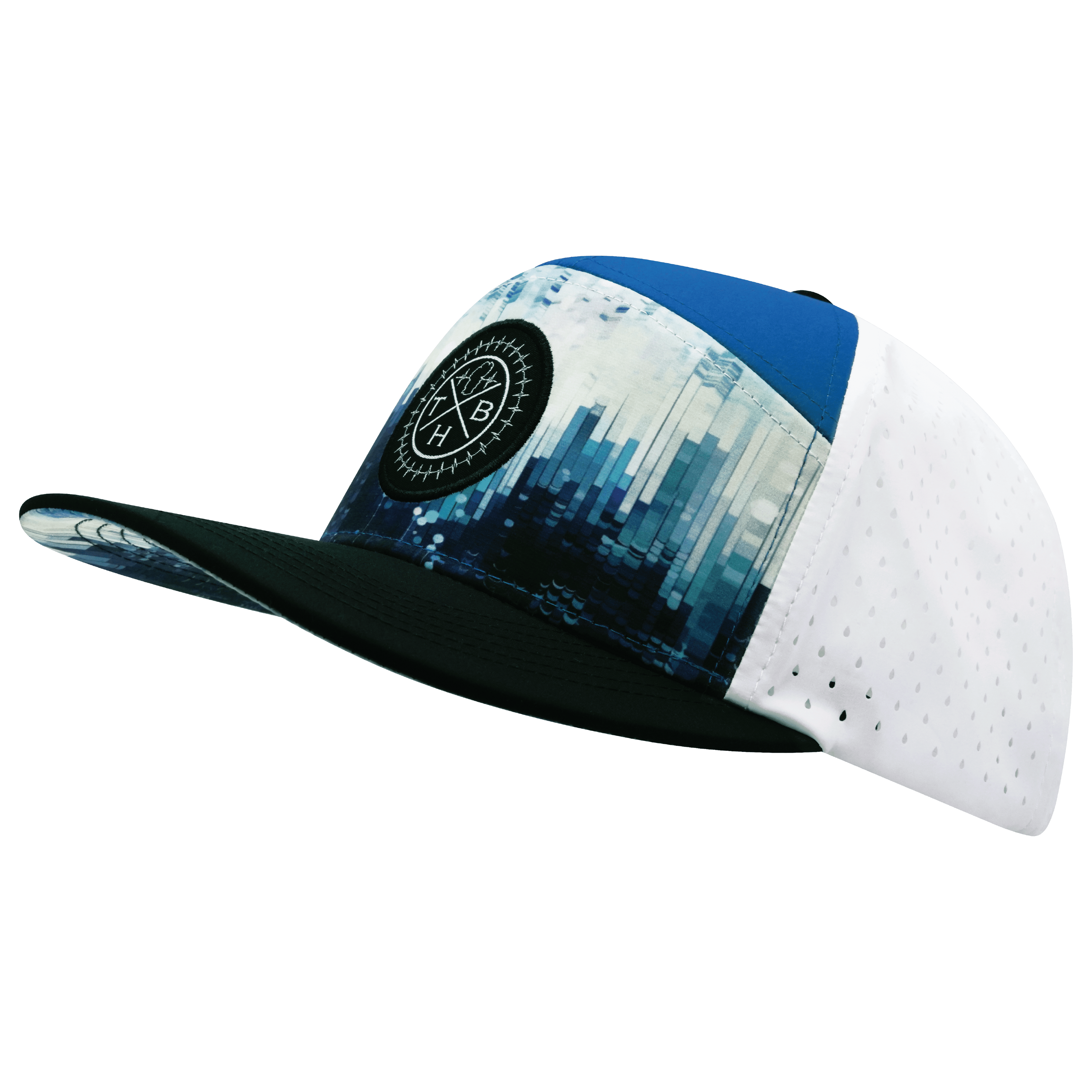 The Heartbeat Brand **YOUTH** Color Vibes Hat - Flat Bill - City Drip - Black / Blue / White - Laser Mesh — lifestyle context