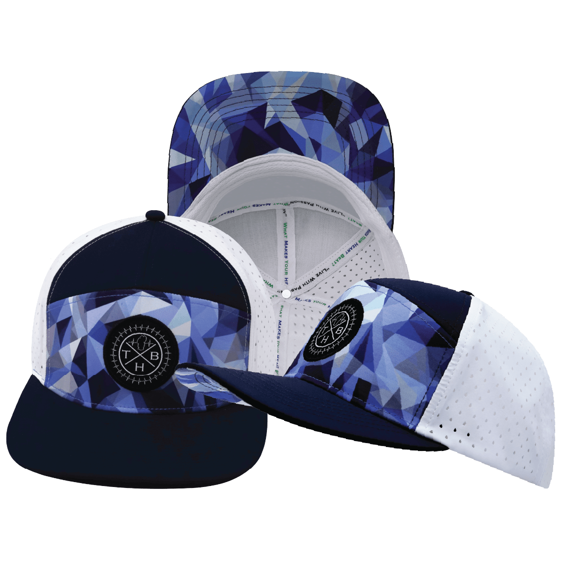 The Heartbeat Brand Youth Color Vibes Flat Bill Hat — Geo Blue / Navy / White — main product shot