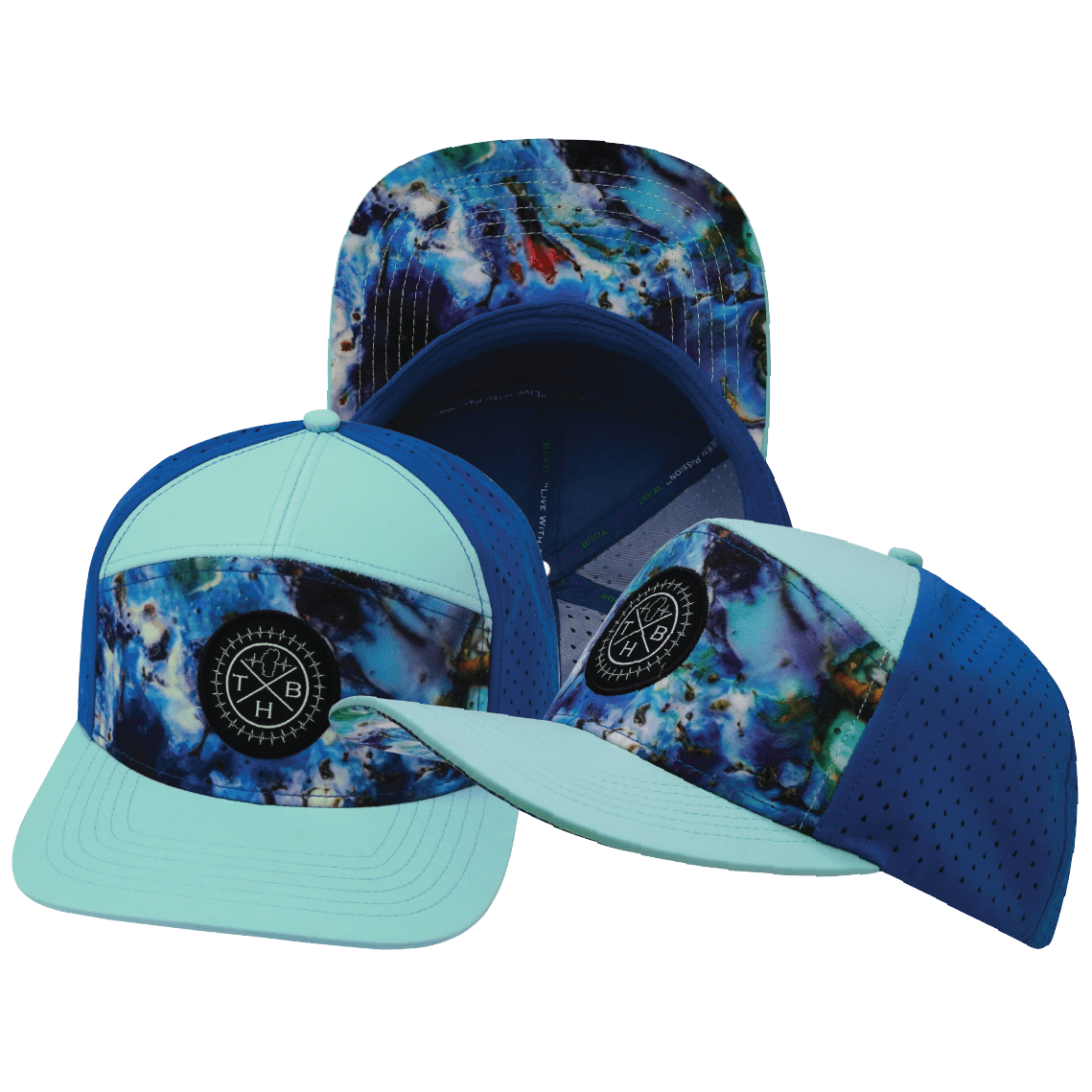 The Heartbeat Brand Youth Color Vibes Flat Bill Hat — Nebula / Mint / Blue — main product shot