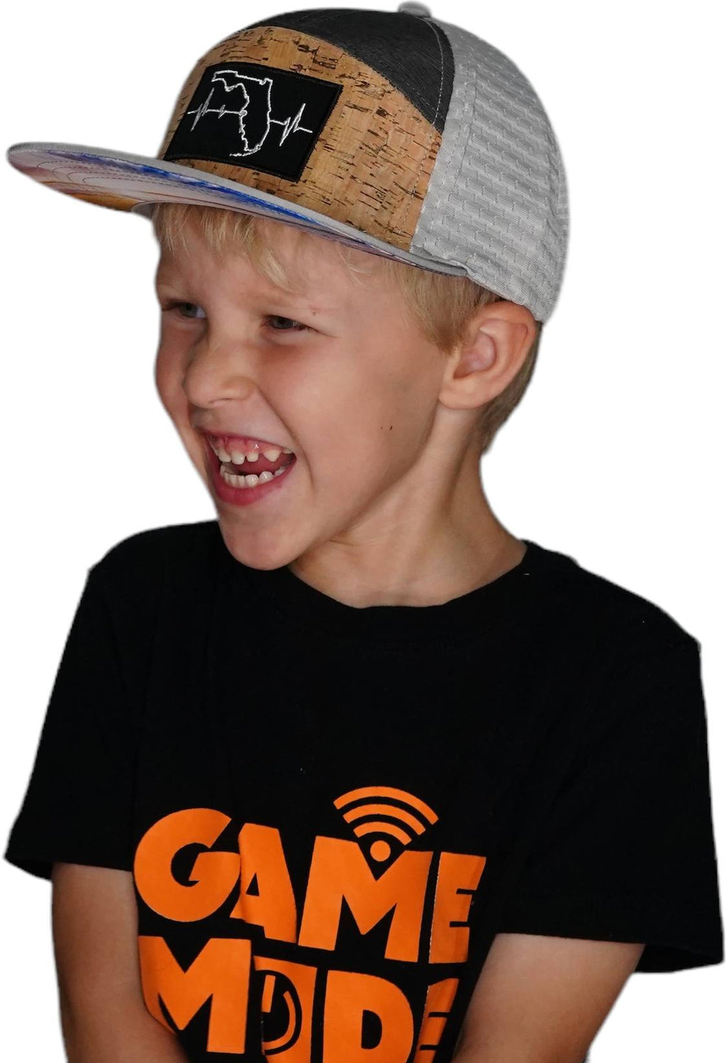 The Heartbeat Brand **YOUTH** Florida Hat - Flat Bill - Cork - Gray / Charcoal - Jersey Mesh — detail close-up