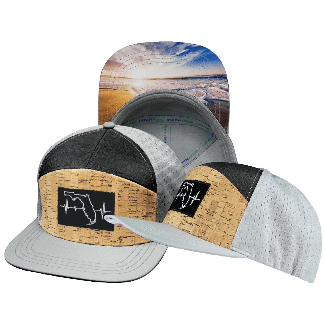 The Heartbeat Brand **YOUTH** Florida Hat - Flat Bill - Cork - Gray / Charcoal - Jersey Mesh — main product shot