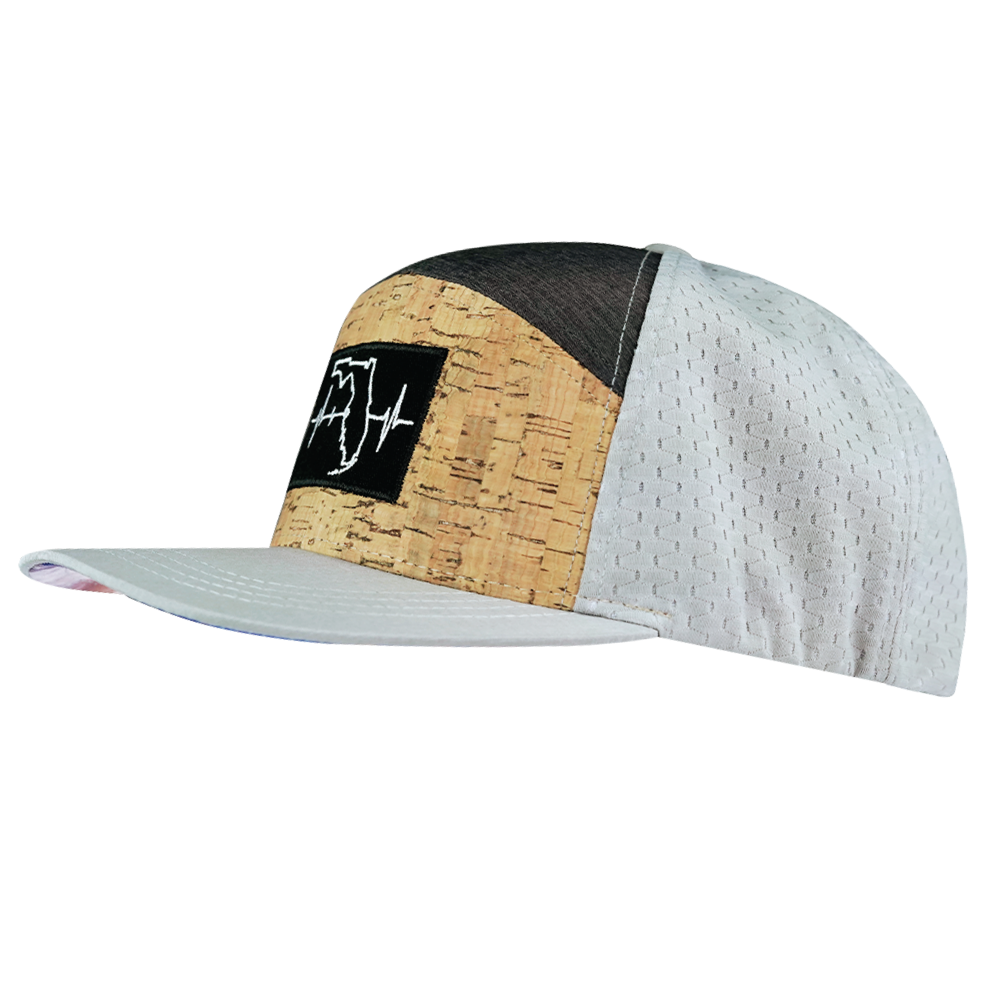 The Heartbeat Brand **YOUTH** Florida Hat - Flat Bill - Cork - Gray / Charcoal - Jersey Mesh — side view