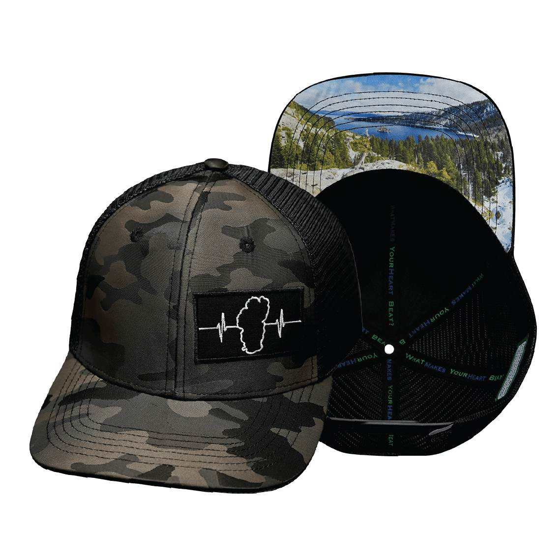 The Heartbeat Brand Youth Tahoe Baseball Hat — Tan Camo / Black — main product shot