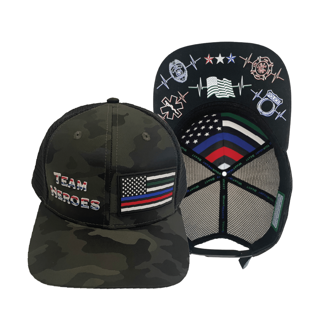 The Heartbeat Brand Youth Team Heroes Baseball Hat — Green Camo / Black — main product shot