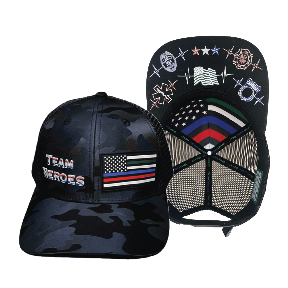 The Heartbeat Brand Youth Team Heroes Baseball Hat — Navy Camo / Black — main product shot