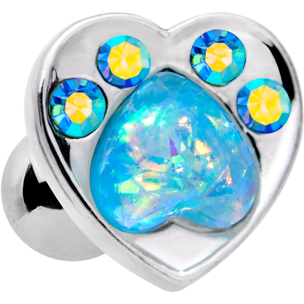 BodyCandy 16G 1/4 Blue Faux Opal Paw Print Heart Cartilage Tragus Earring — detail close-up