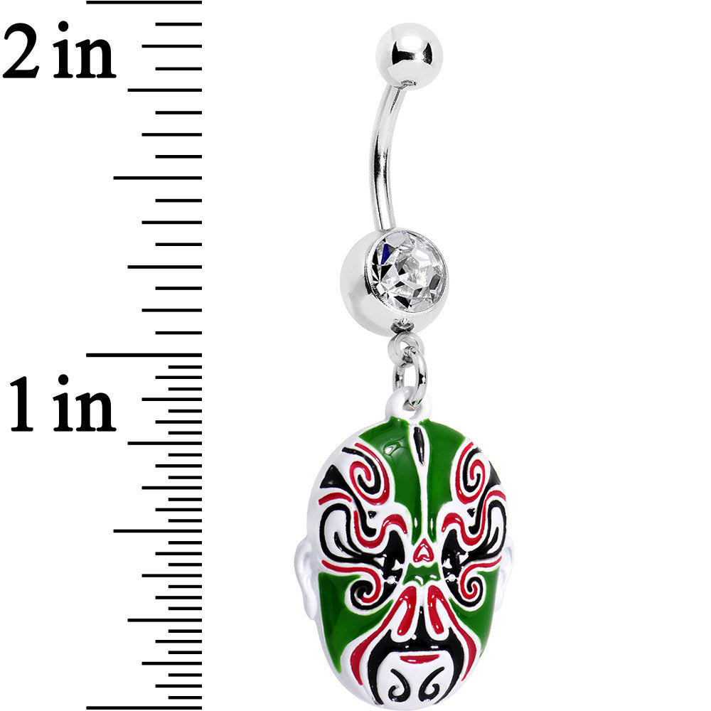 BodyCandy Clear Gem Green Red Samurai Warrior Mask Dangle Belly Ring — detail close-up