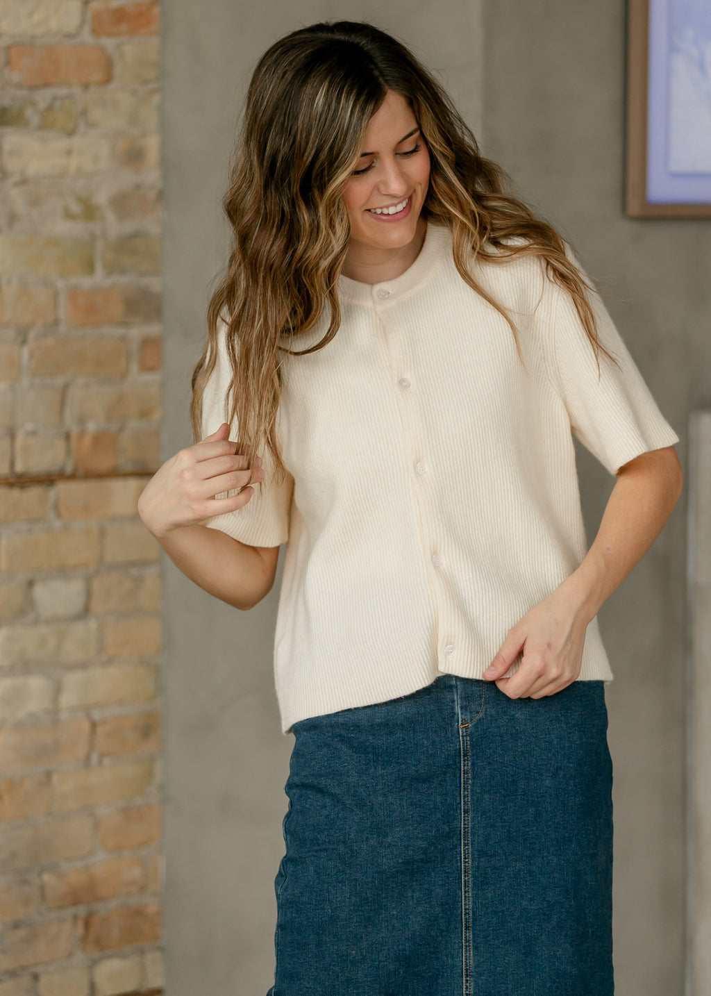 Inherit Co. Zadie Ivory Short Sleeeve Button Cardigan — comparison shot