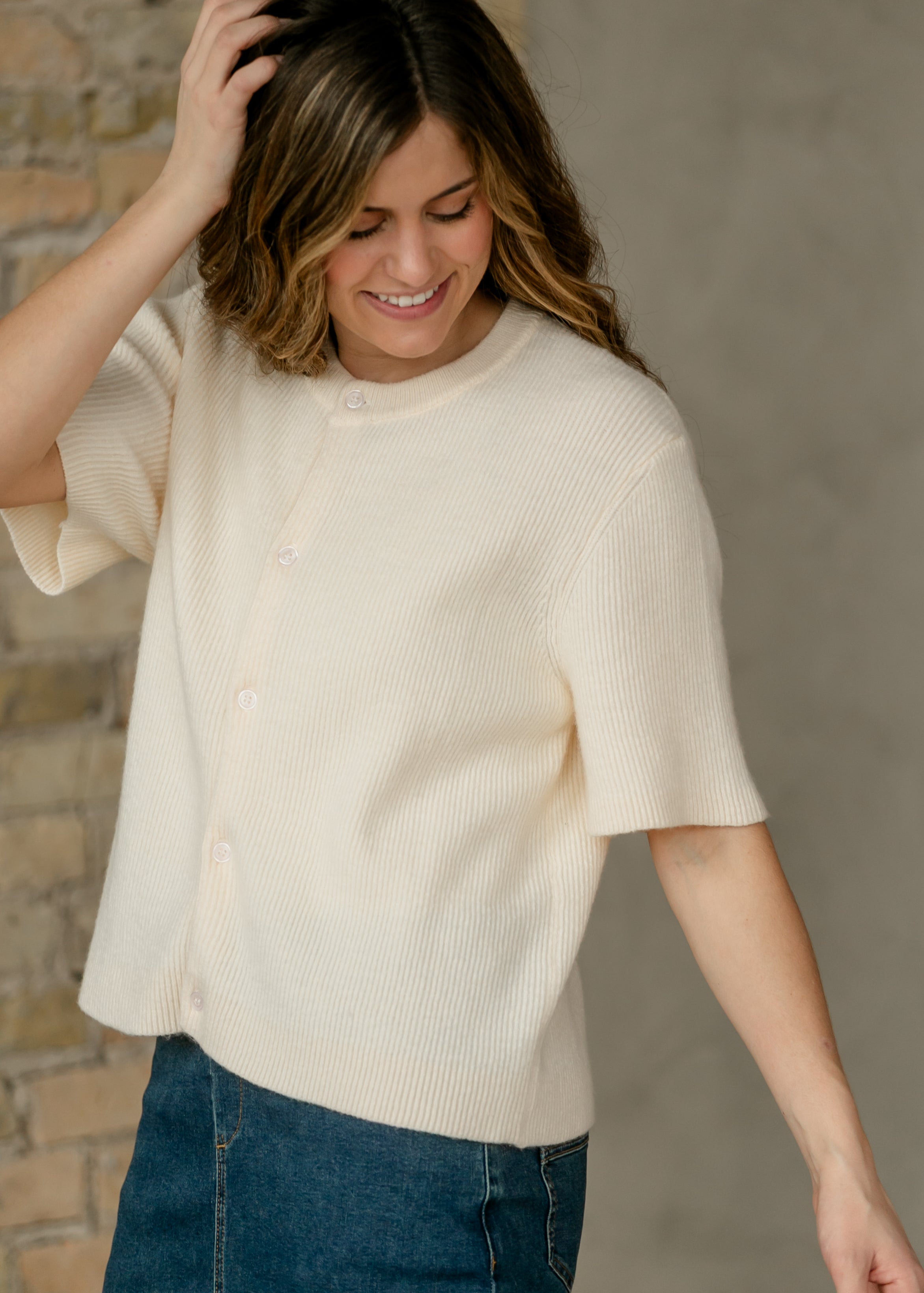 Inherit Co. Zadie Ivory Short Sleeeve Button Cardigan — size reference