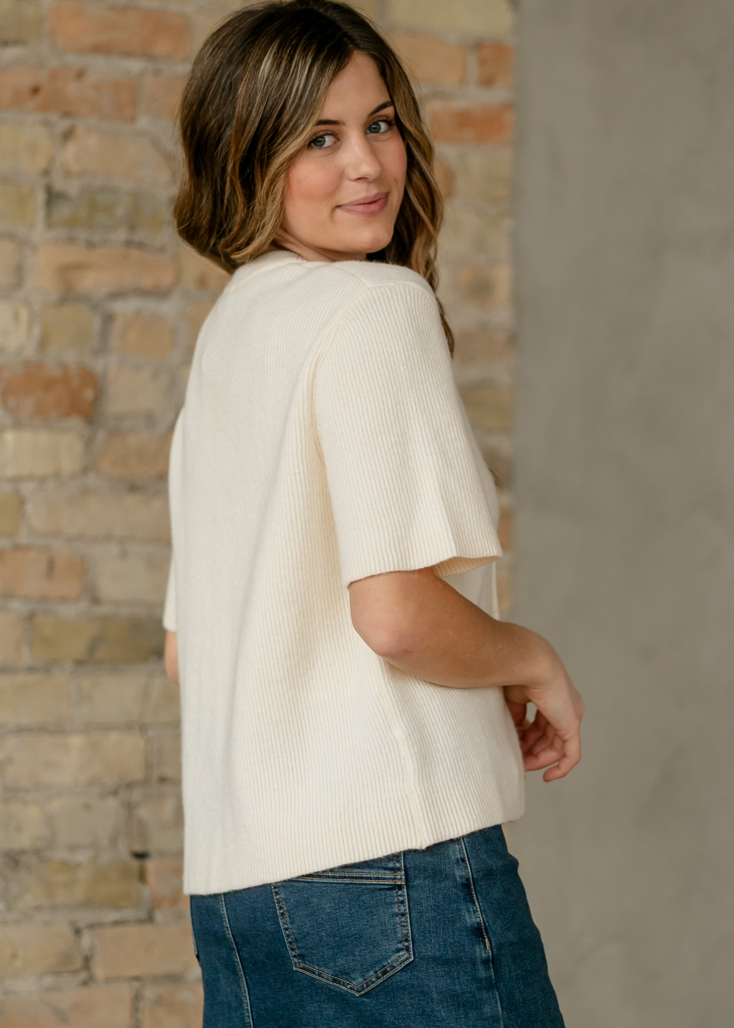Inherit Co. Zadie Ivory Short Sleeeve Button Cardigan — product on model
