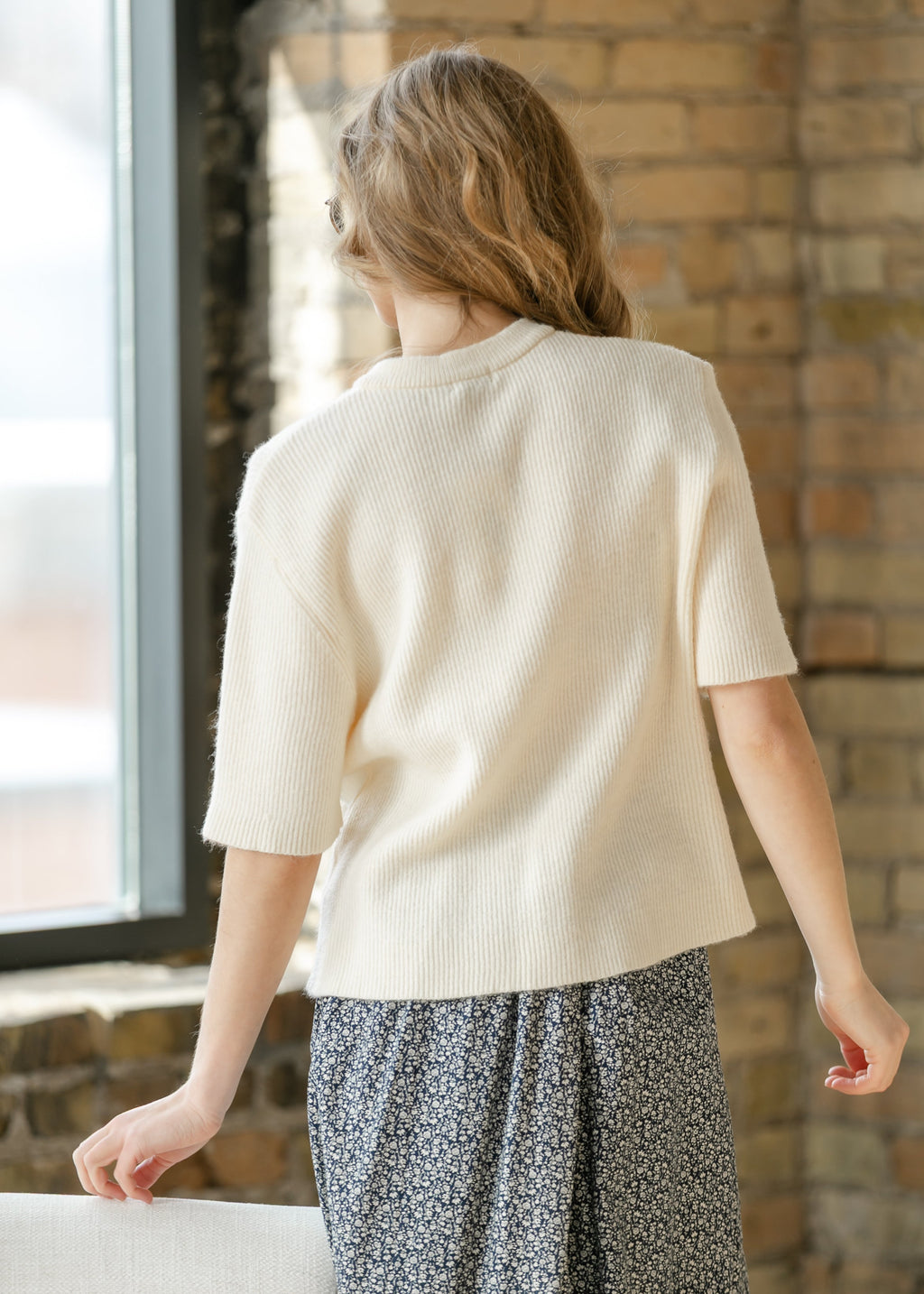 Inherit Co. Zadie Ivory Short Sleeeve Button Cardigan — in-use photo