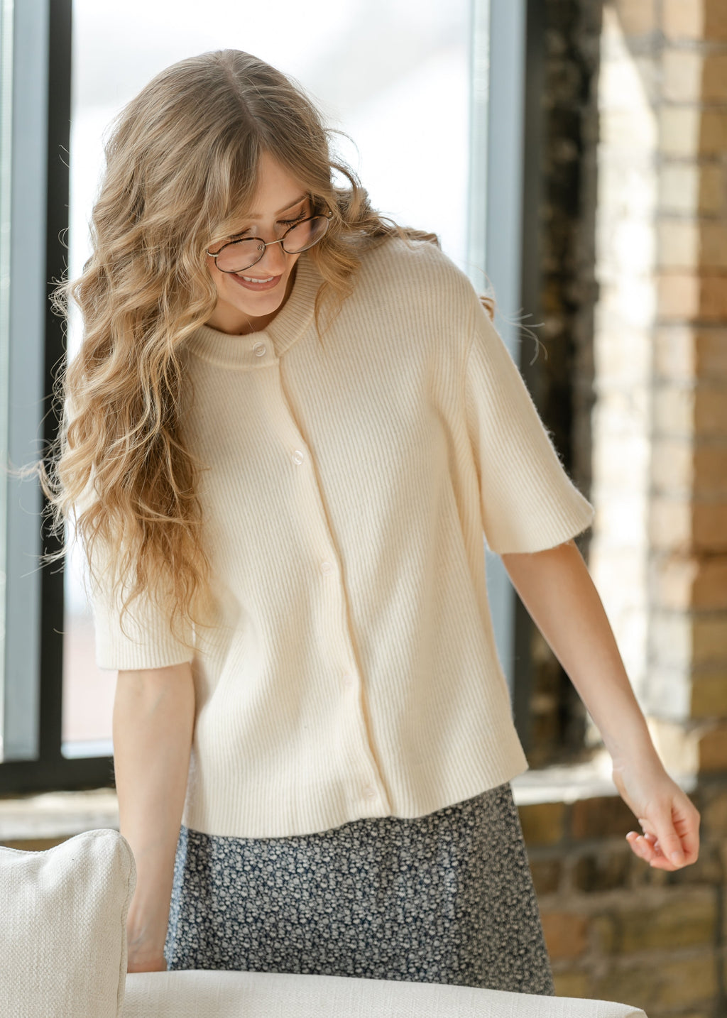 Inherit Co. Zadie Ivory Short Sleeeve Button Cardigan — lifestyle context