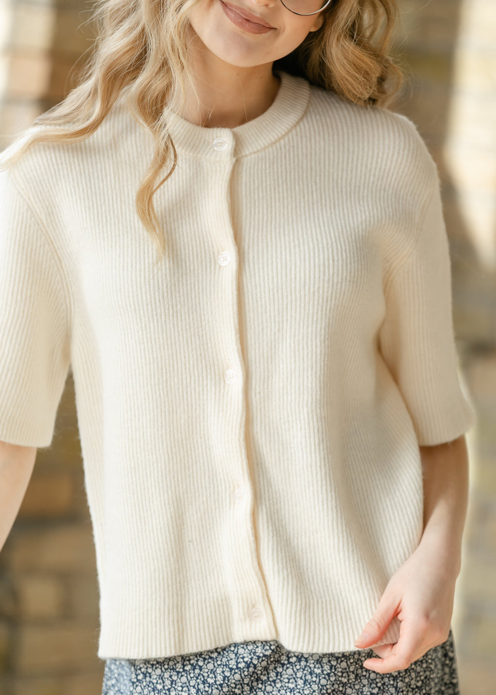 Inherit Co. Zadie Ivory Short Sleeeve Button Cardigan — alternative angle