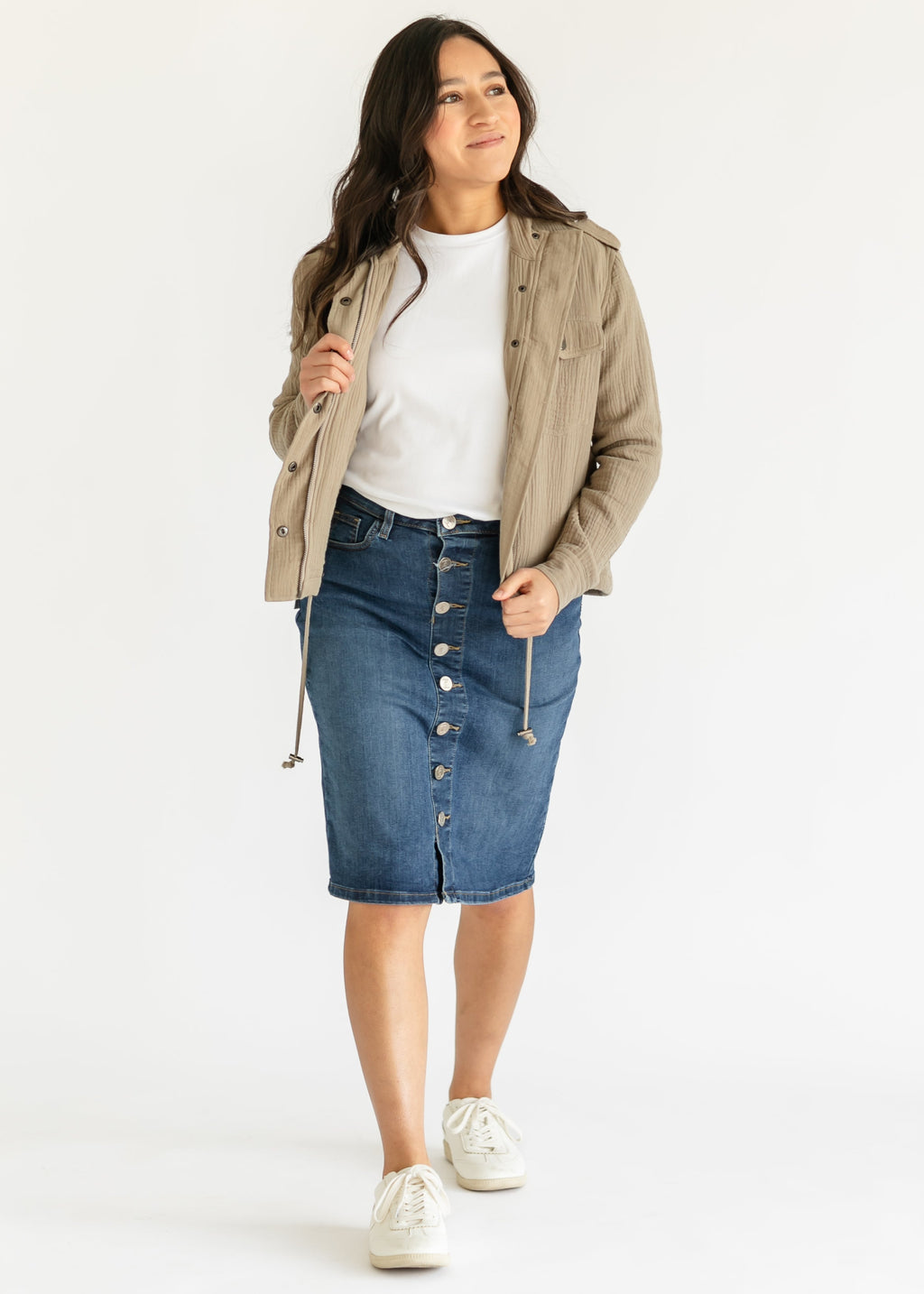 Inherit Co. Zana Front Button Denim Midi Skirt - FINAL SALE — fabric or material detail