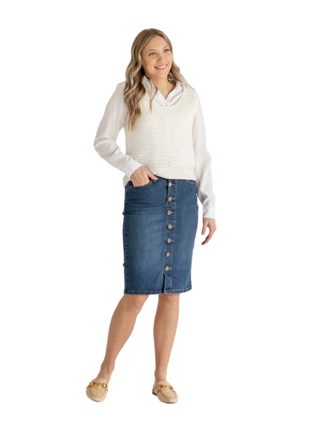 Inherit Co. Zana Front Button Denim Midi Skirt - FINAL SALE — fabric or material detail