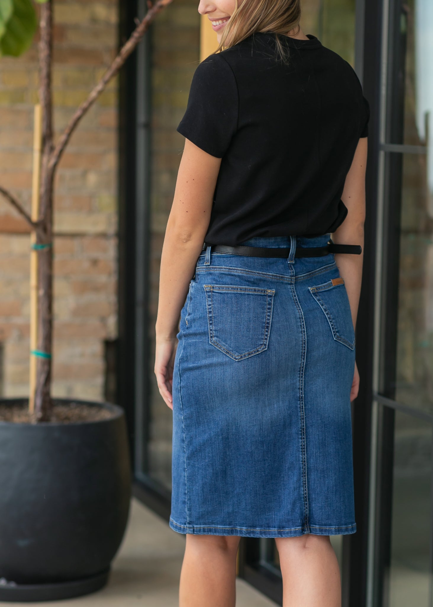 Inherit Co. Zana Front Button Denim Midi Skirt - FINAL SALE — in-use photo