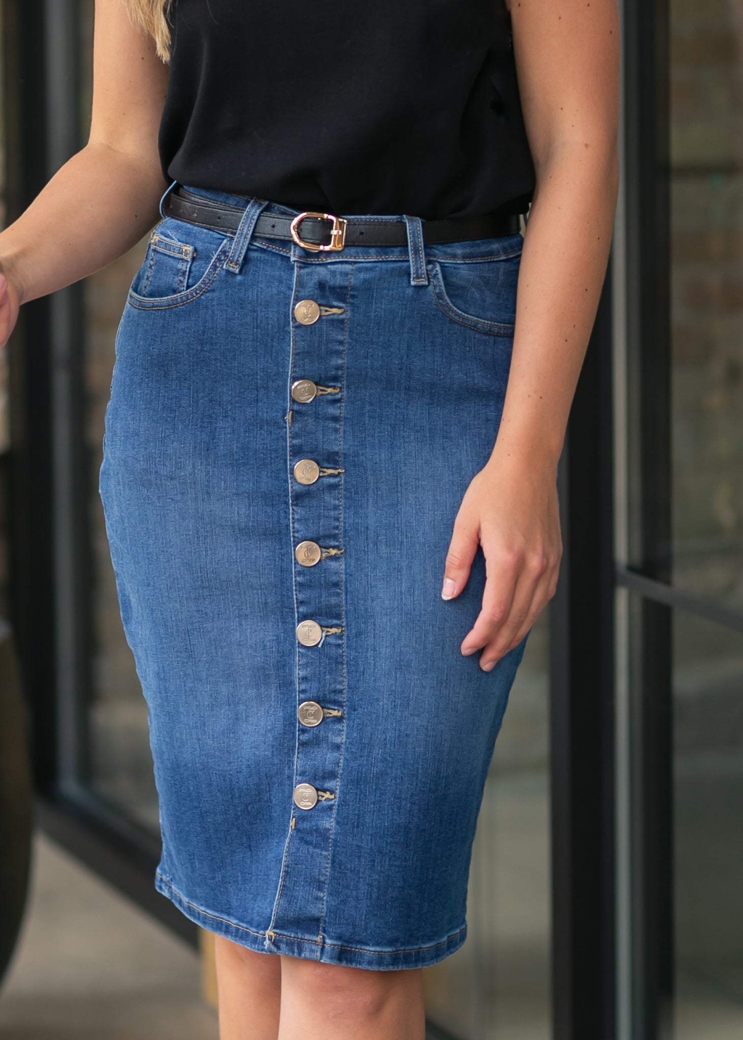 Inherit Co. Zana Front Button Denim Midi Skirt - FINAL SALE — lifestyle context