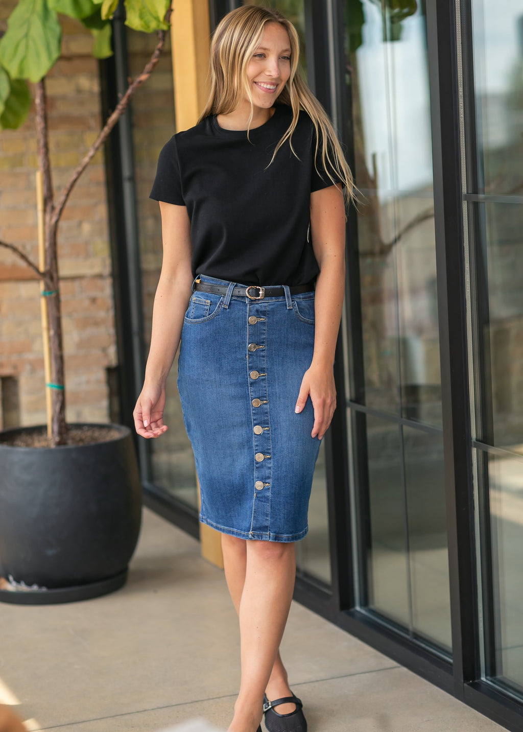 Inherit Co. Zana Front Button Denim Midi Skirt - FINAL SALE — back view