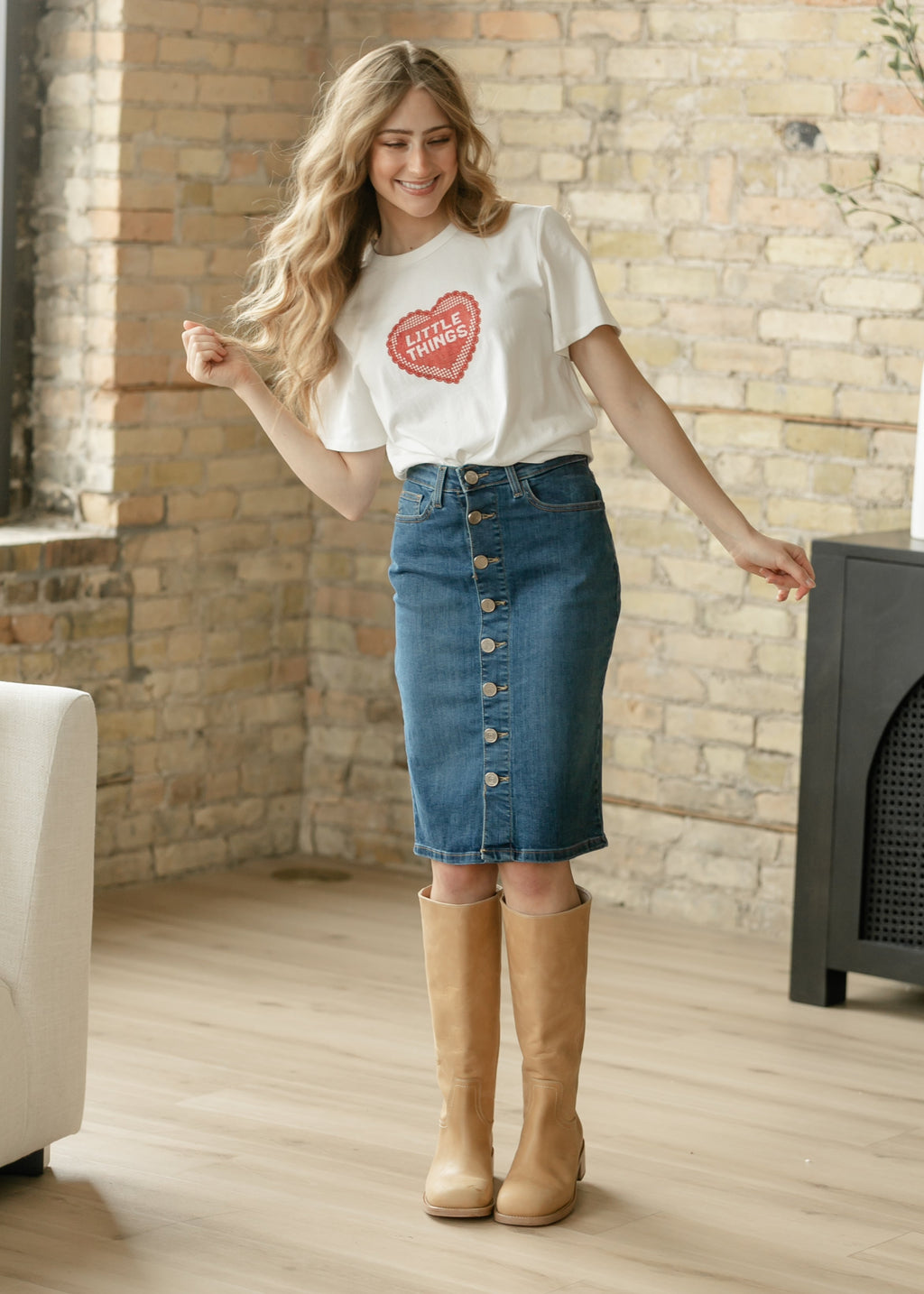 Inherit Co. Zana Front Button Denim Midi Skirt - FINAL SALE — detail close-up