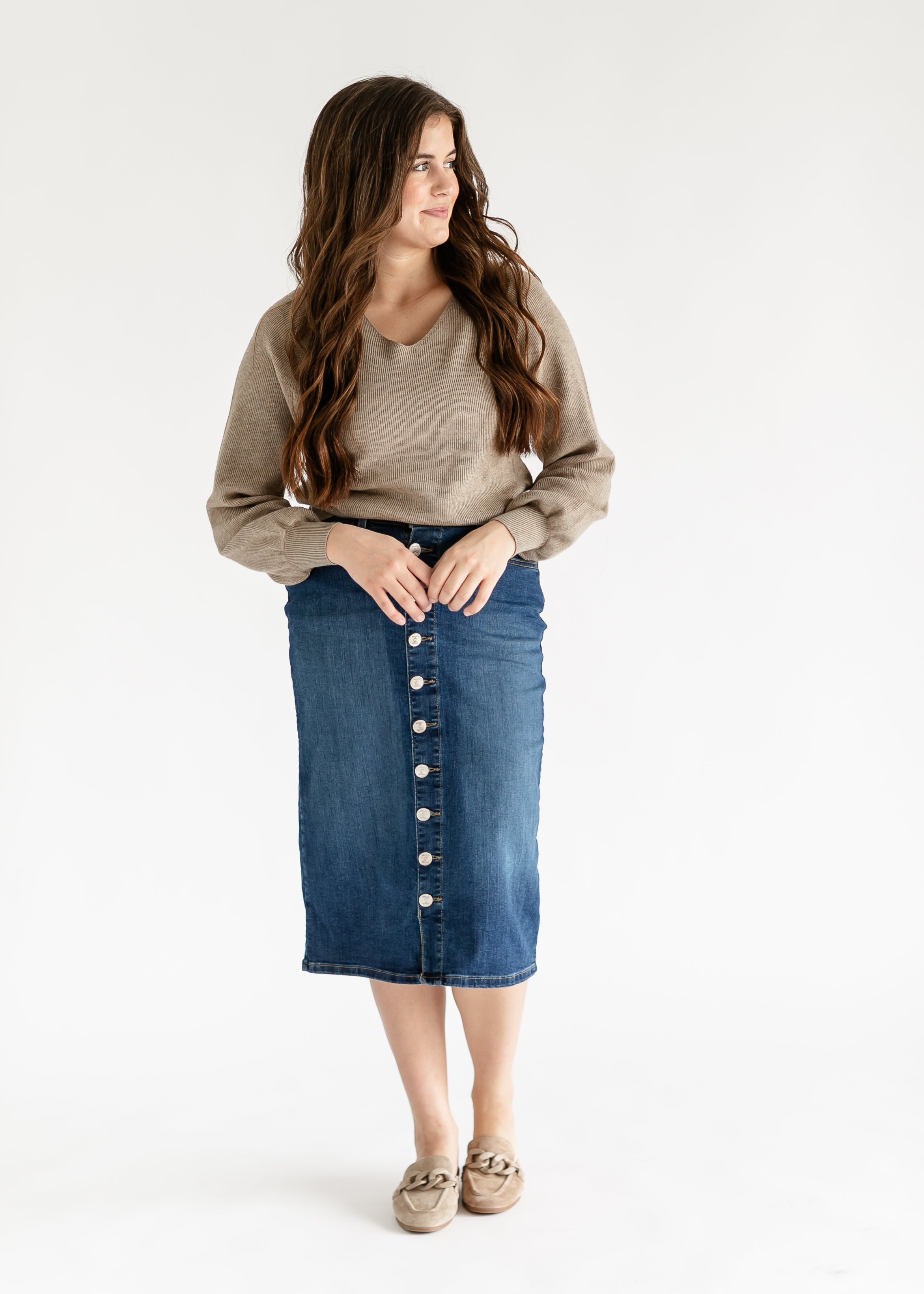 Inherit Co. Zana Front Button Denim Midi Skirt - FINAL SALE — feature highlight