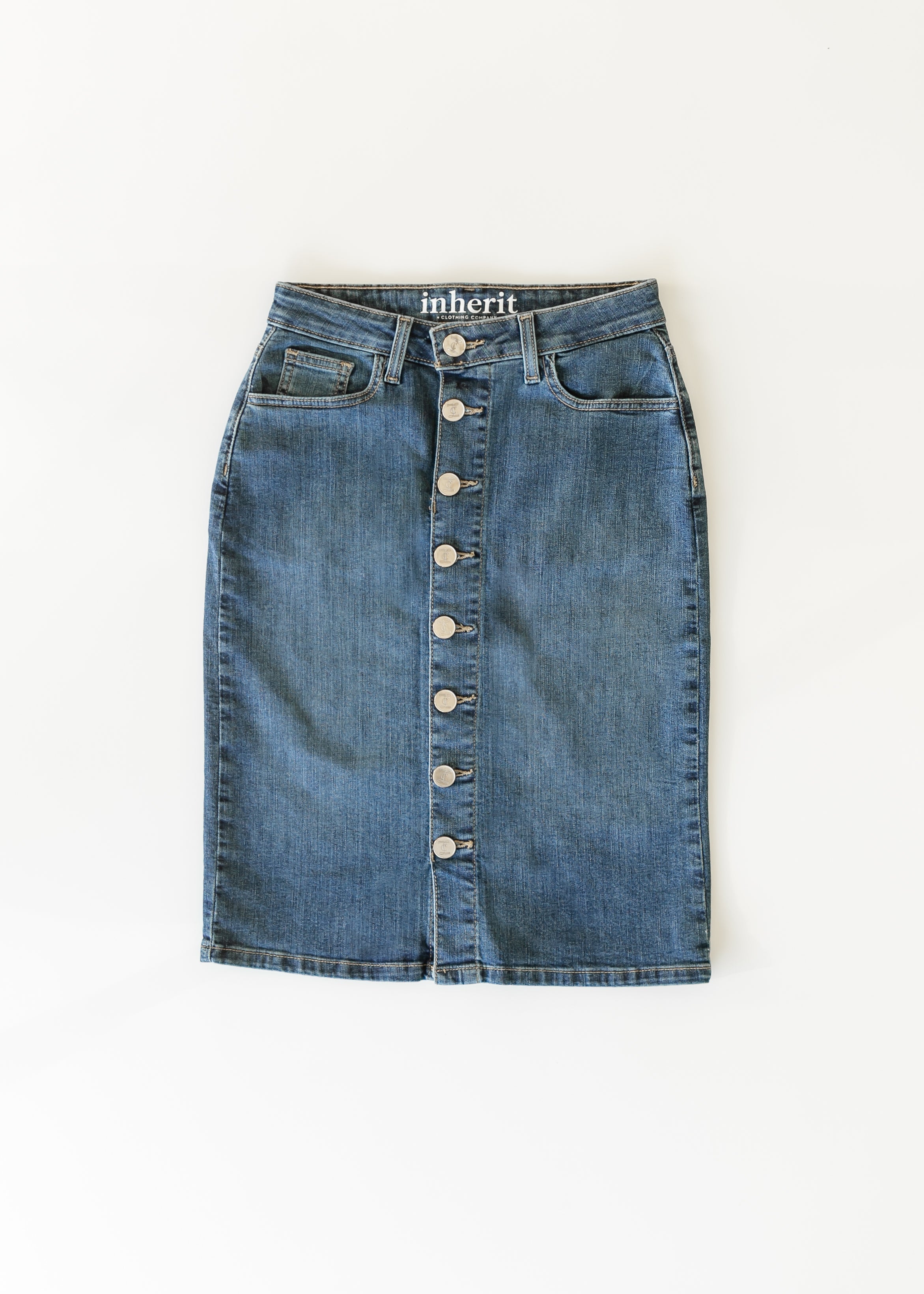 Inherit Co. Zana Front Button Denim Midi Skirt - FINAL SALE — detail close-up