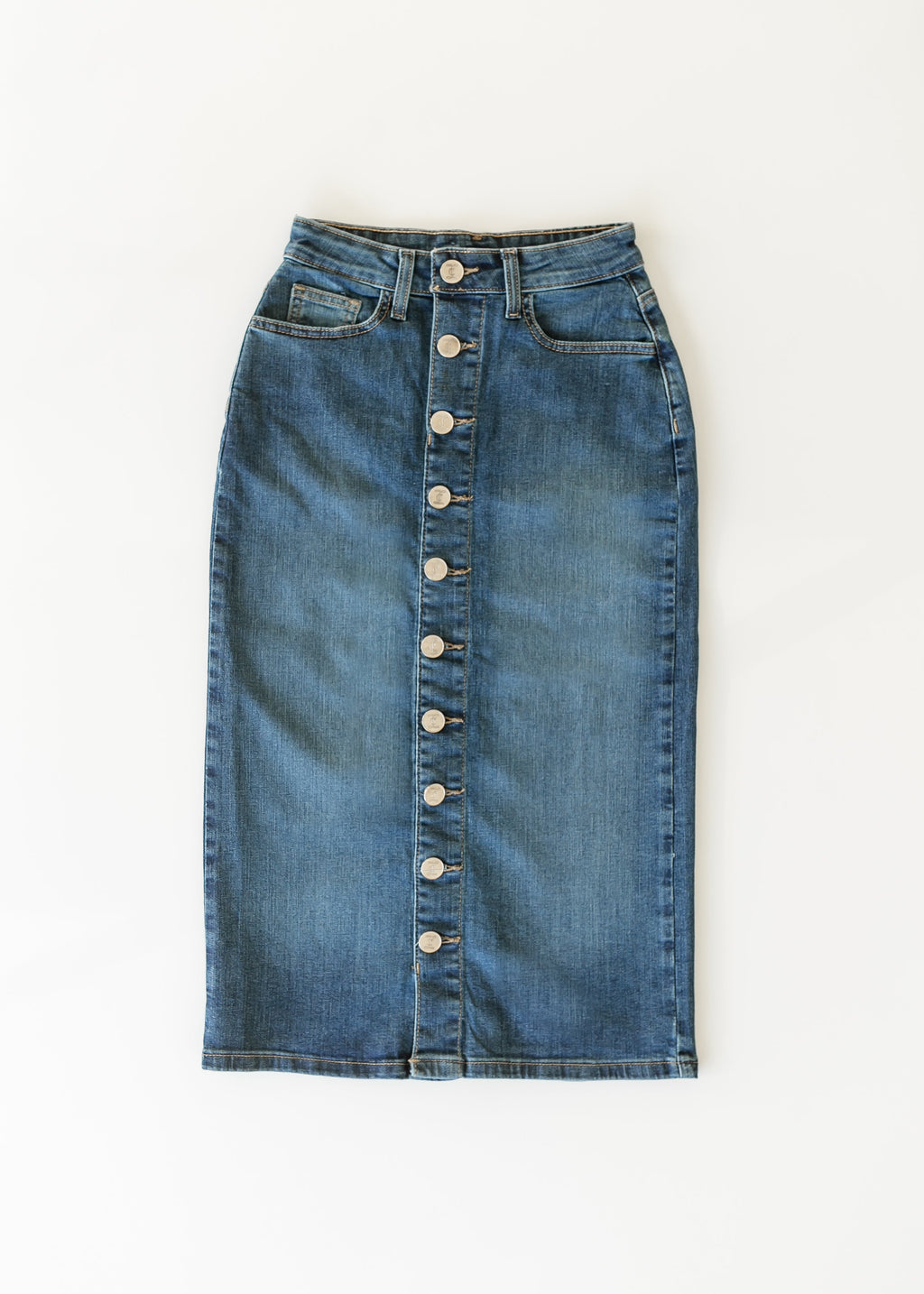 Inherit Co. Zana Front Button Denim Midi Skirt - FINAL SALE — in-use photo