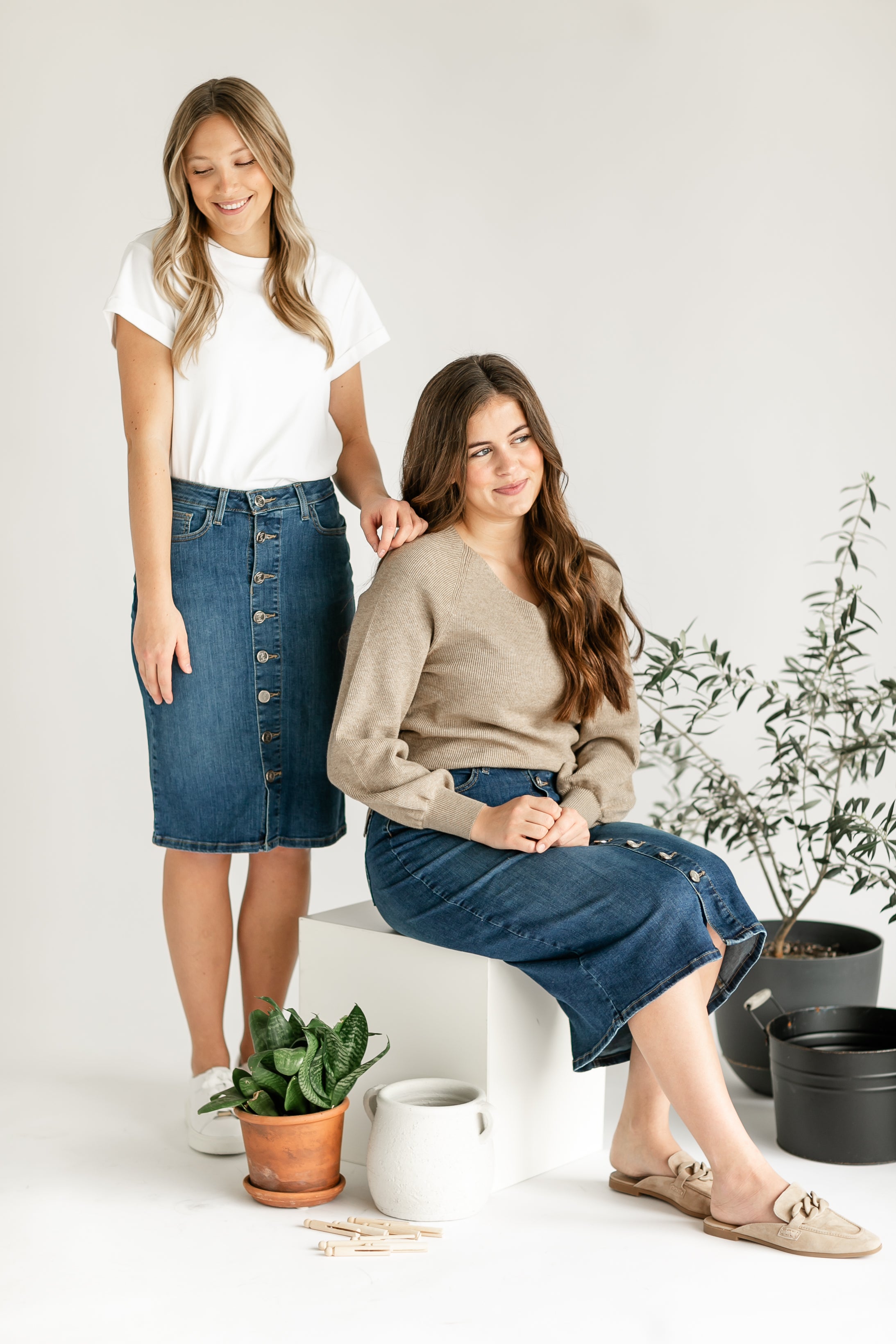 Inherit Co. Zana Front Button Denim Midi Skirt - FINAL SALE — flat-lay composition