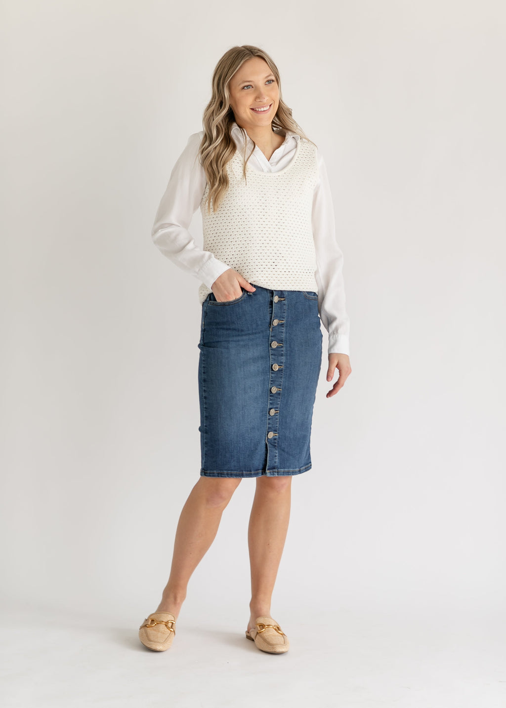 Inherit Co. Zana Front Button Denim Midi Skirt - FINAL SALE — product on model