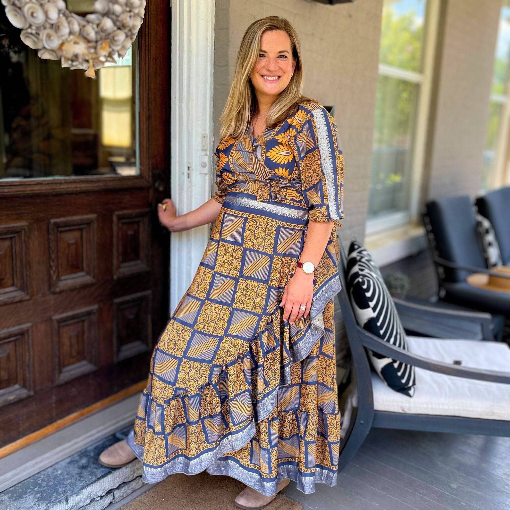 Darn Good Yarn Zaria One-of-a-Kind Wrap Dress – Handmade, Sustainable, Stunning — lifestyle worn / used context