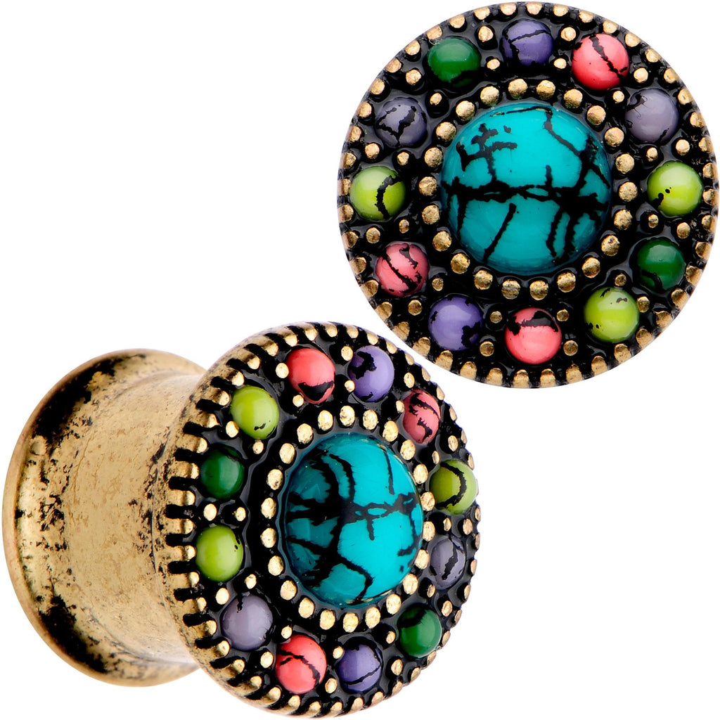 BodyCandy Gold Plated Southwestern Stone Age Double Flare Plug Set 2G to 22mm — main product shot