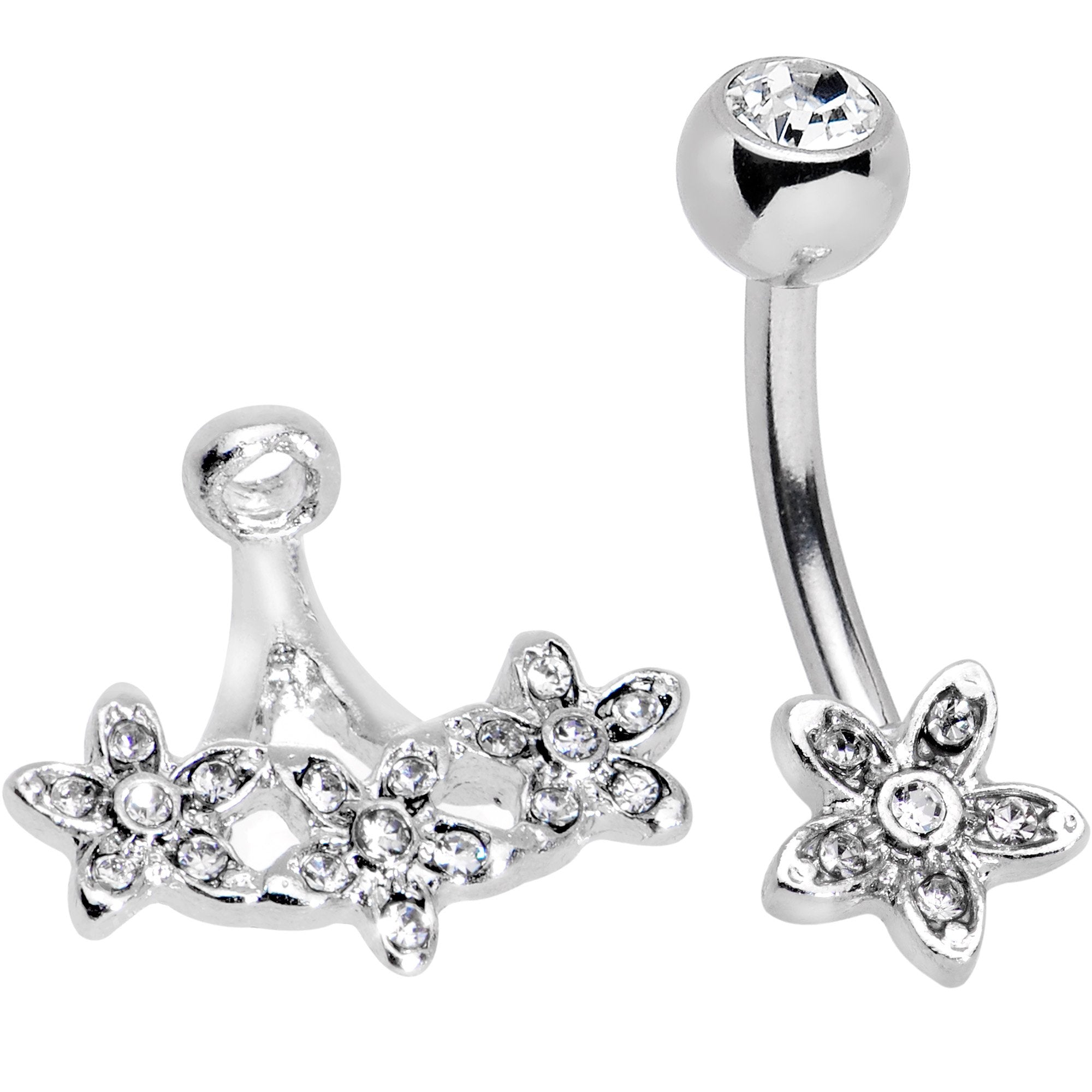 BodyCandy Clear Gem Field of Flowers Dangle Belly Ring — branding close-up