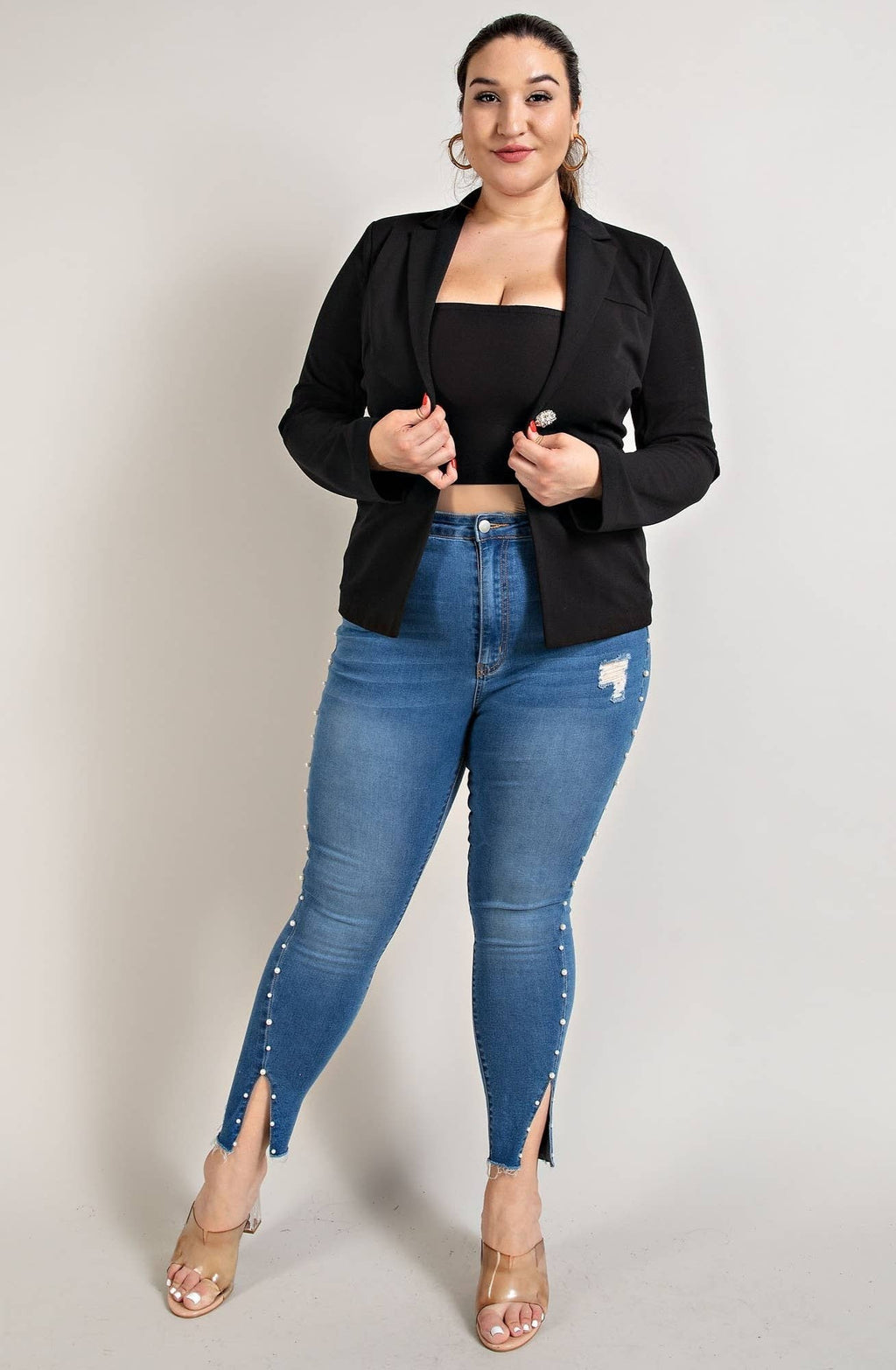 Zoe Plus Size Stretch Luxe Crystal Detail Button Blazer