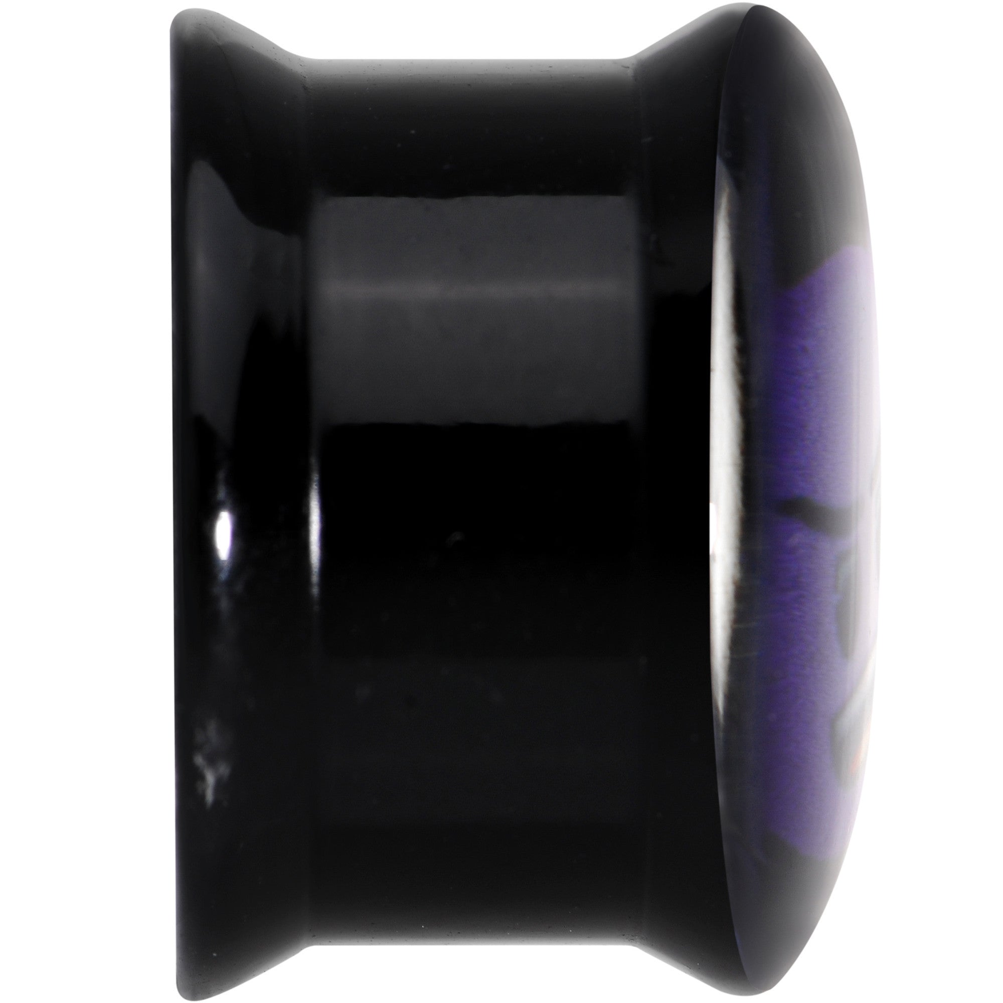 BodyCandy 5/8 Licensed Purple Devil emoji Acrylic Double Flare Plug Set — BodyCandy branding close-up