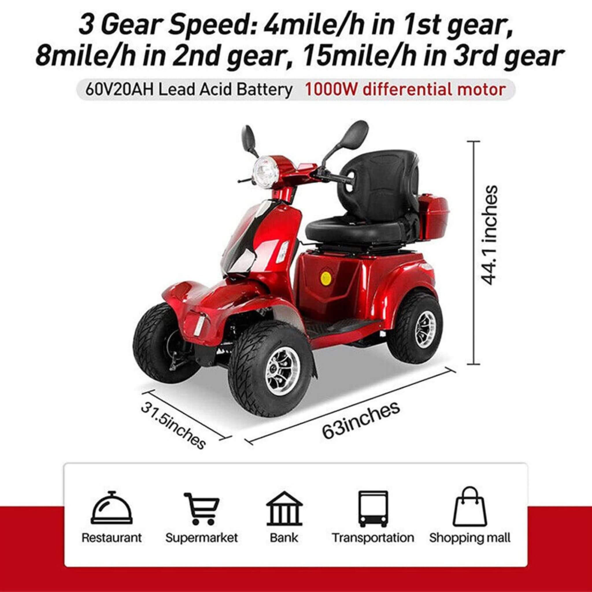 Zvg 4-Wheel 60V/20AH Electric Golf Senior Travel Mobility Scooter For Adults, 440LBS (SAK91582) – SAKSBY WHOLESALE, view 10