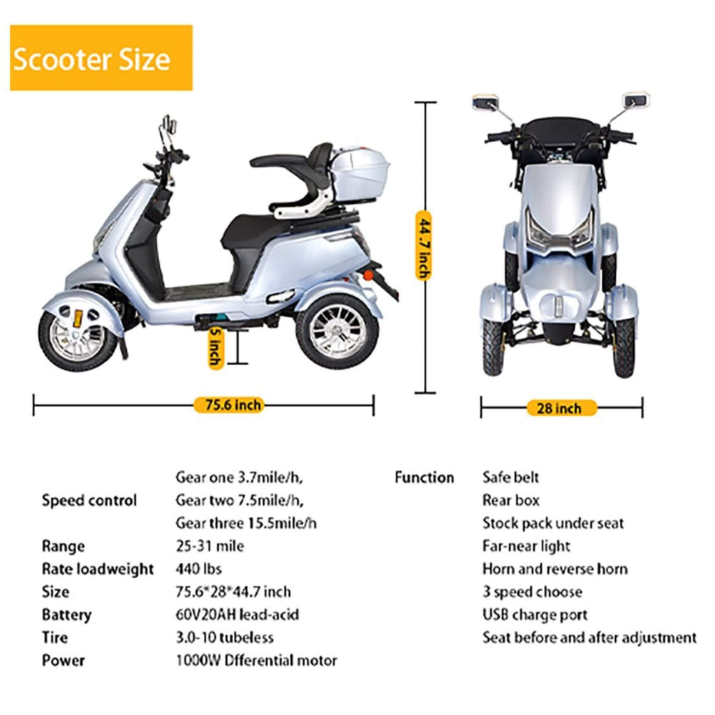 Zvg Heavy-Duty 1000W 60V/20AH 330LBS Four-Wheel All-Terrain Travel Mobility Scooter [SN-4L] (SAK97245) – SAKSBY WHOLESALE, vi