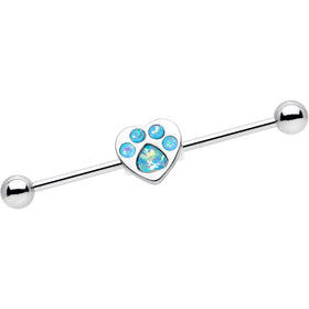14G Blue Faux Opal Paw Print Heart Industrial Barbell 38mm