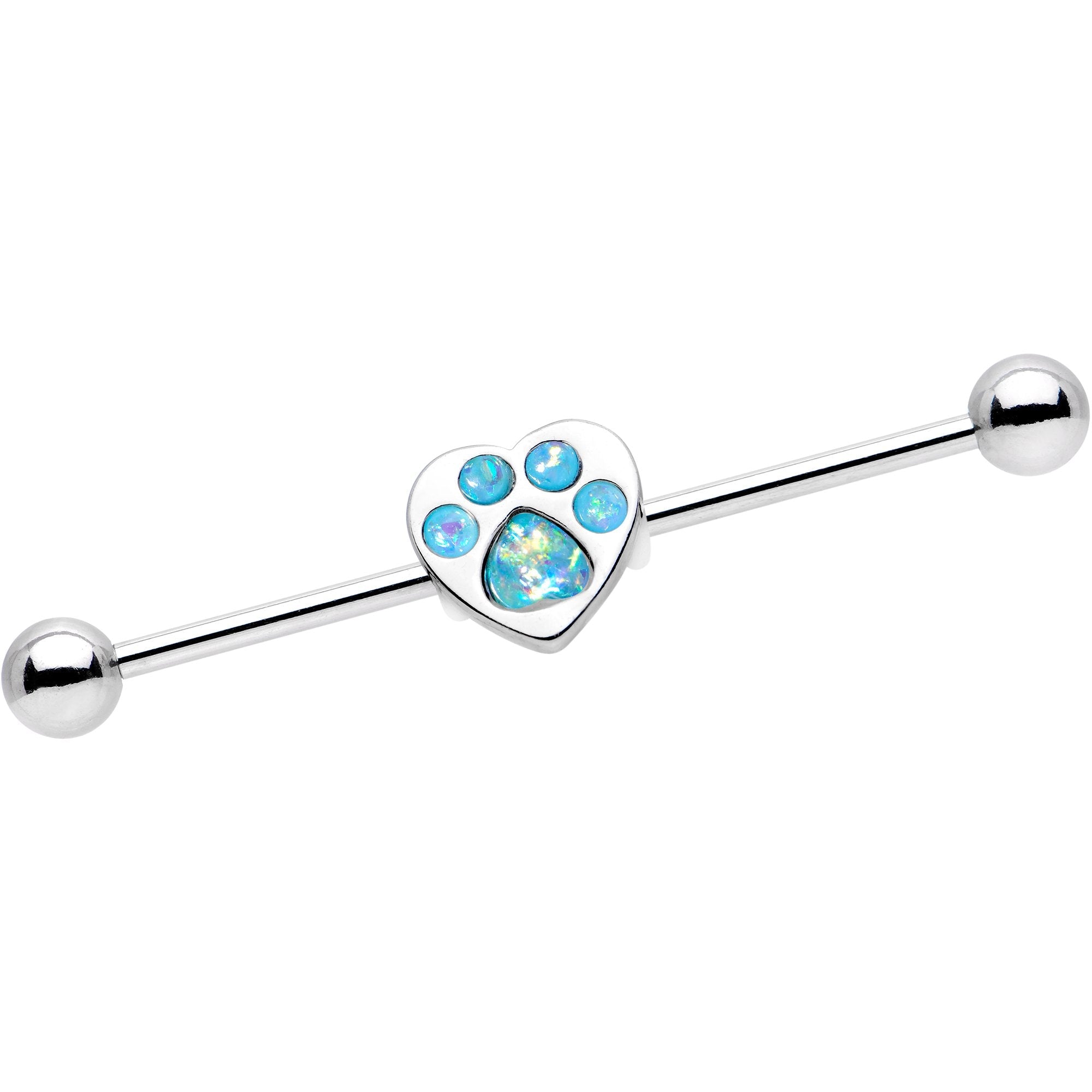 BodyCandy 14G Blue Faux Opal Paw Print Heart Industrial Barbell 38mm — main product shot