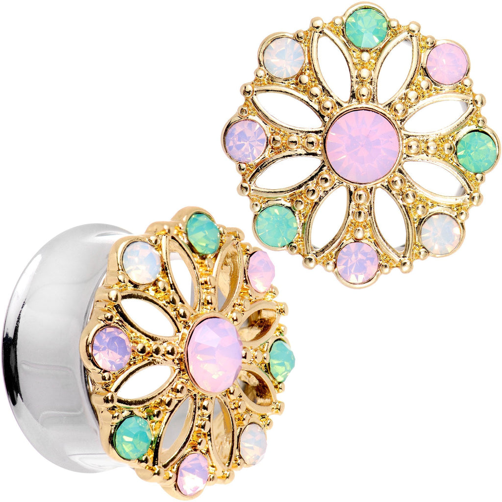 BodyCandy Pink Green White Gem Glam Flower Double Flare Tunnel Plug Set — comparison shot