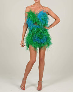 Attia Top and Mini Skirt in Emerald and Sapphire Ready To Ship