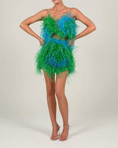Attia Top and Mini Skirt in Emerald and Sapphire Ready To Ship