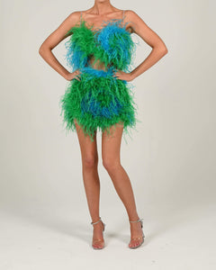 Attia Top and Mini Skirt in Emerald and Sapphire Ready To Ship