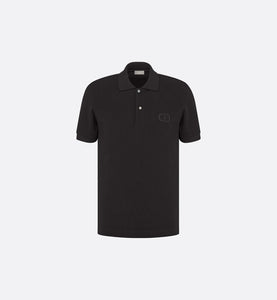 Polo Shirt with 'CD Icon' Signature • Black Cotton Piqué