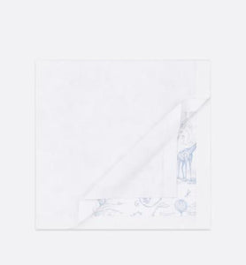 Blanket • White Cotton Knit Blanket with Pale Blue Toile de Jouy Print